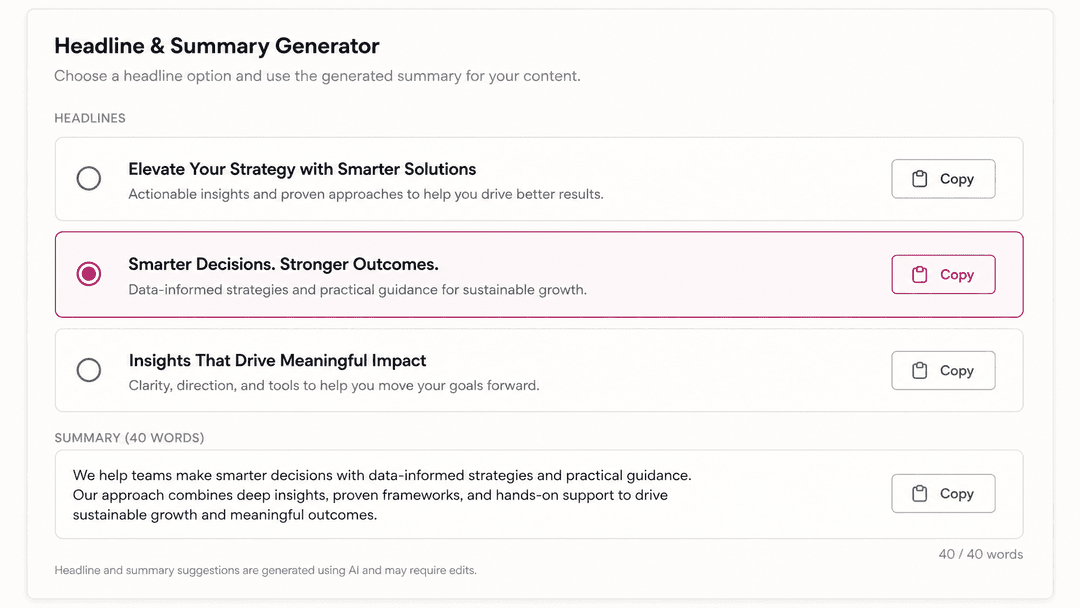 Headline & summary — Three headline options and a 40-word summary, buzzword-light.