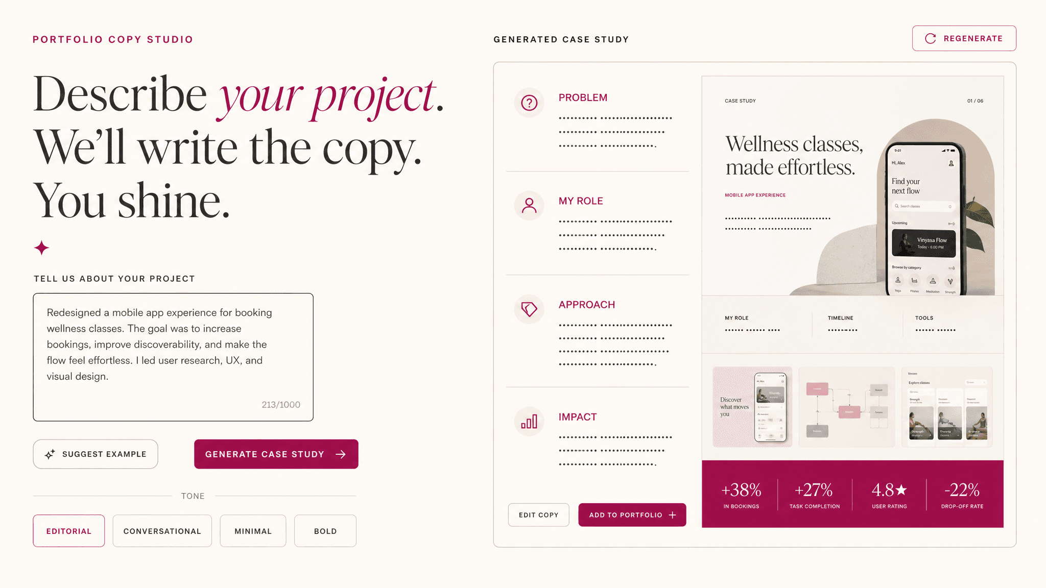Foliocraft studio turning a project description into a case study and portfolio layout