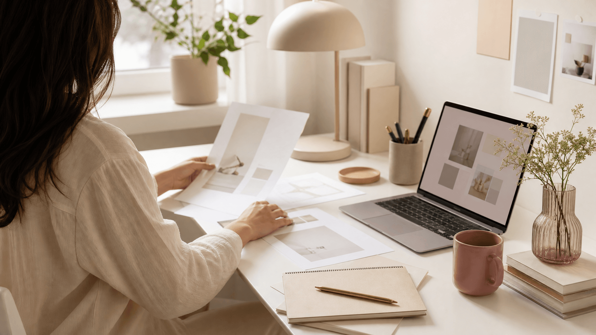 A person organizing printed project sheets at a bright desk